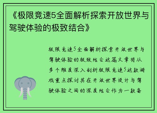 《极限竞速5全面解析探索开放世界与驾驶体验的极致结合》