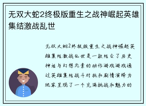 无双大蛇2终极版重生之战神崛起英雄集结激战乱世